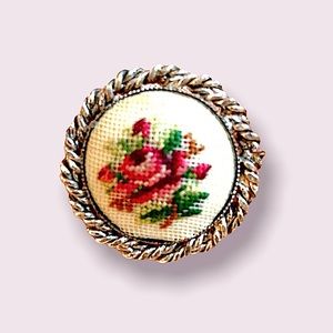 Vintage Needlepoint Embroidered Floral Brooch Pin Petit Point Roses Flowers